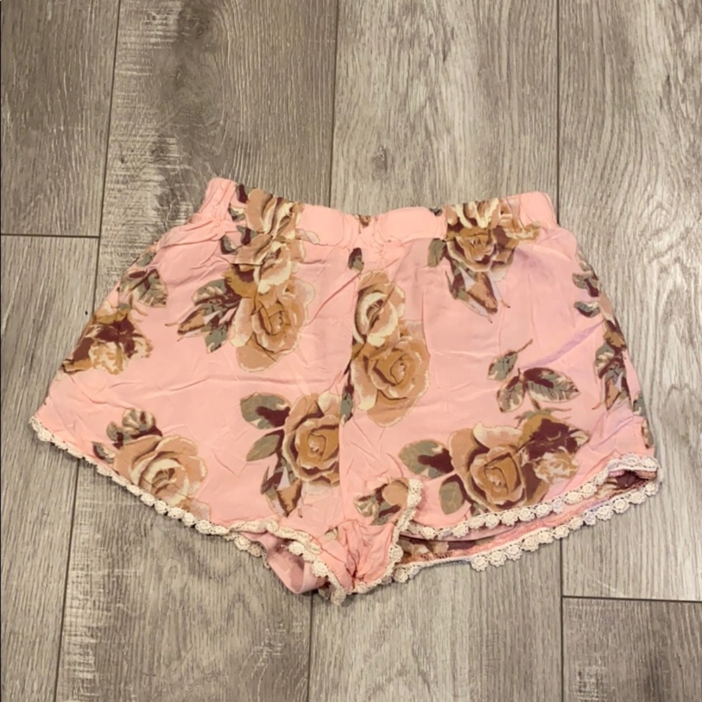 Pink Floral Shorts w/ Crochet Hem - Picture 2 of 8